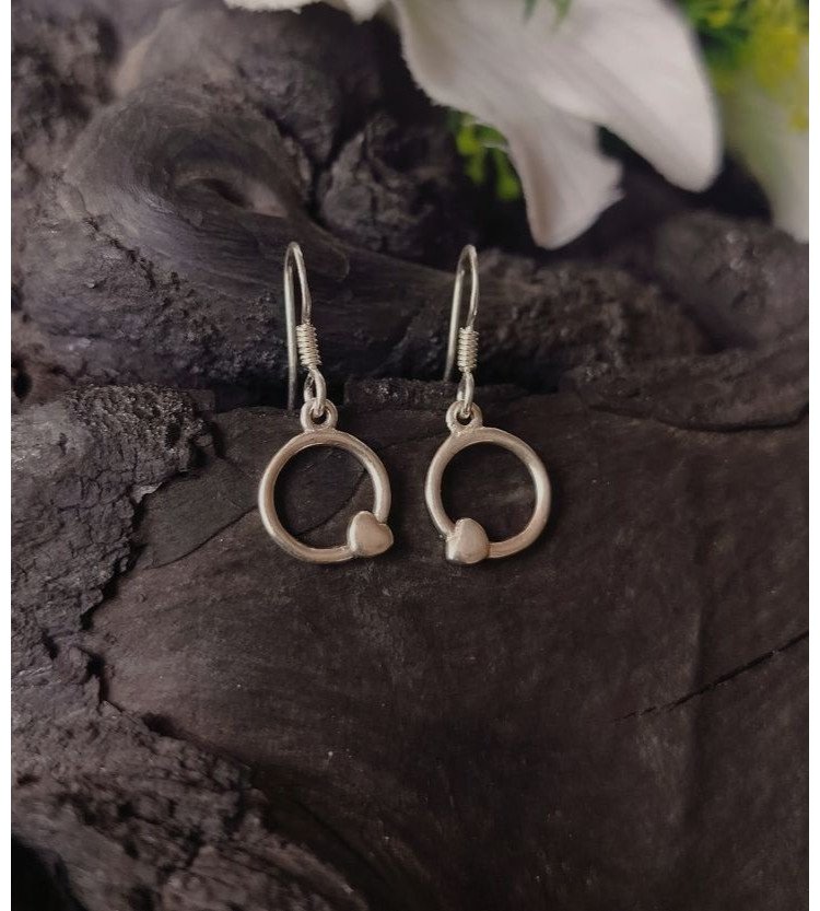 Plain Silver Circle and Heart Hanging Earrings