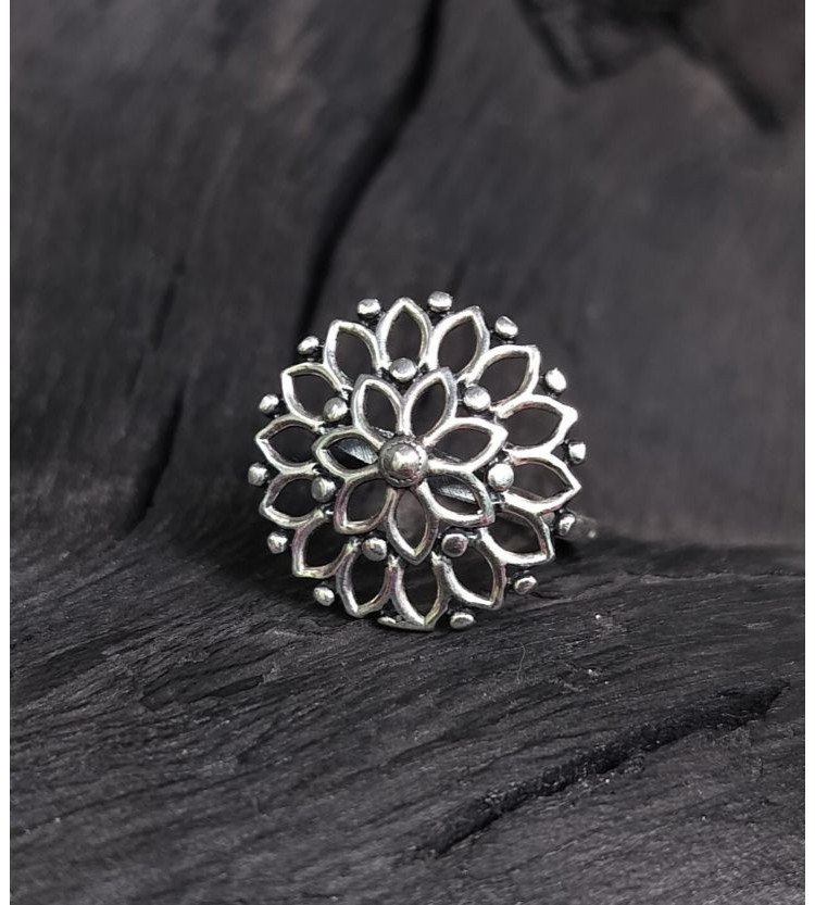 Adjustable Plain Silver Big Flower Ring