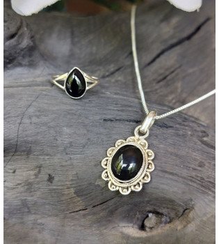 Black Onyx Oxidised floral pendant & Pear Ring