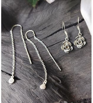 Plain Silver Sui dhaga Earrings & Rose Earrings