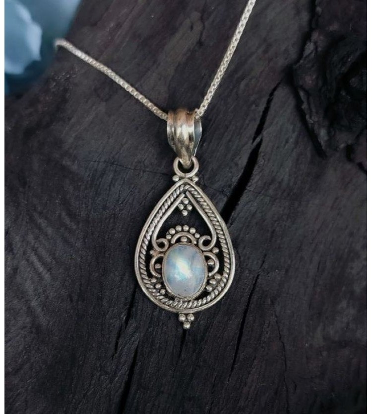 Rainbow Moonstone Drop filigree pendant